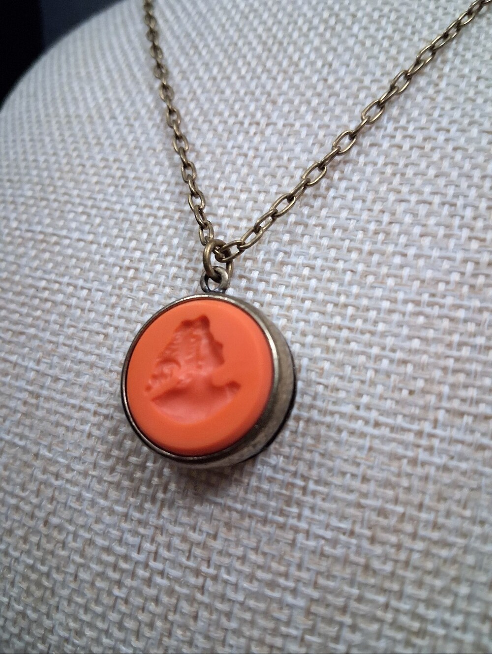 Vintage EXTASIA Intaglio Cameo Necklace Orange Coral Opaque Glass Artisan Made - Picture 13 of 14